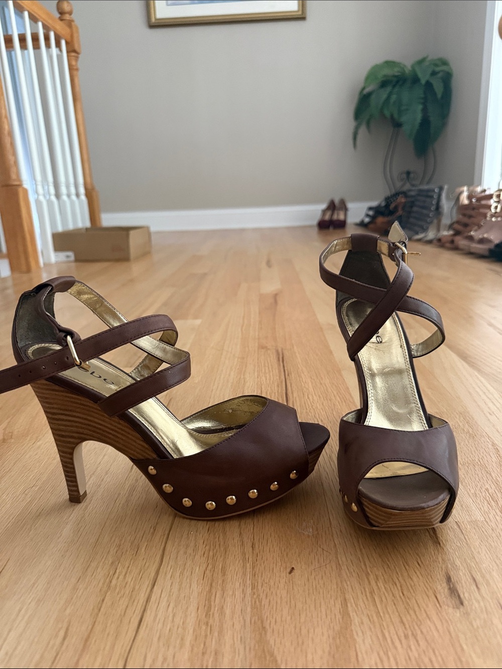 bebe Brown Strappy Platform Heels with Gold Studs